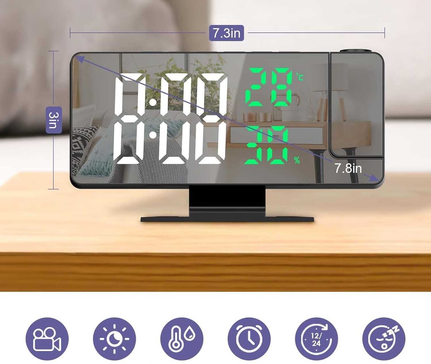 Budzik Cyfrowy Zegar Higrometr Kalendarz PROJEKTOR Czasu Lustro