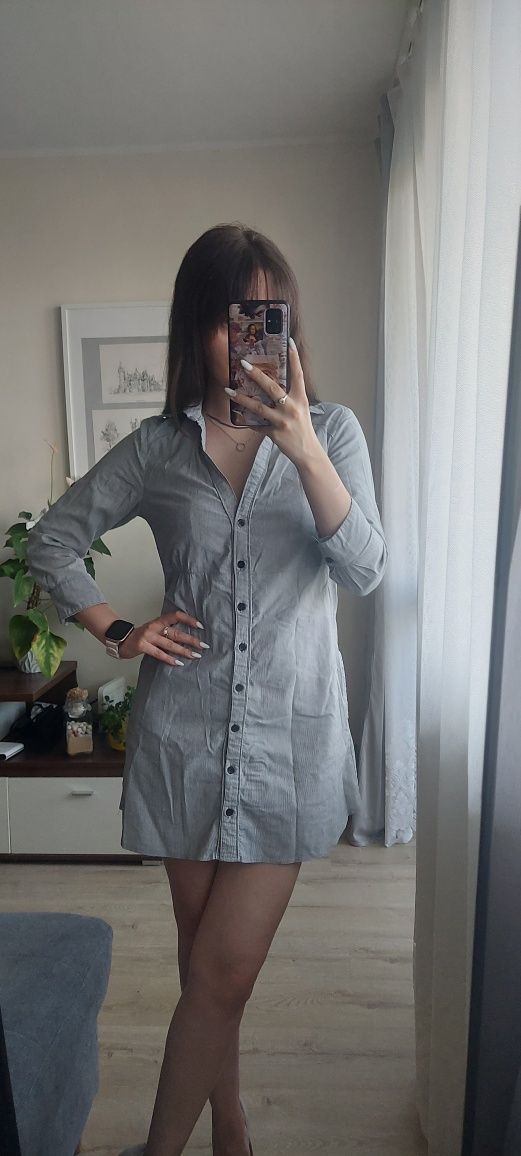 Szara koszulowa szmizjerka mini w paski z rękawem 3/4 Tally Weijl XS
