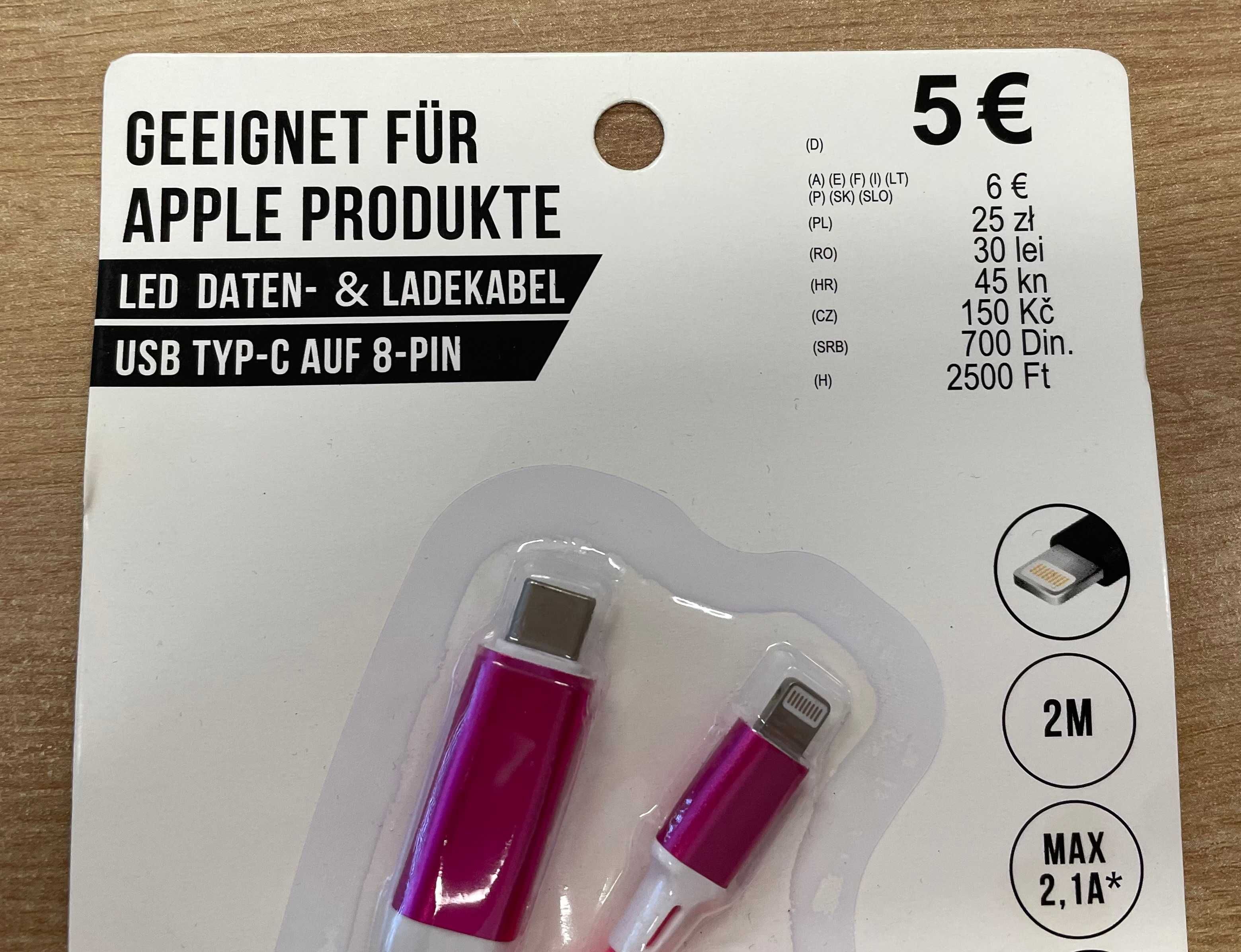 Kabel do transmisji danych i ładowania LED, USB Typ-C 8-PIN, Apple