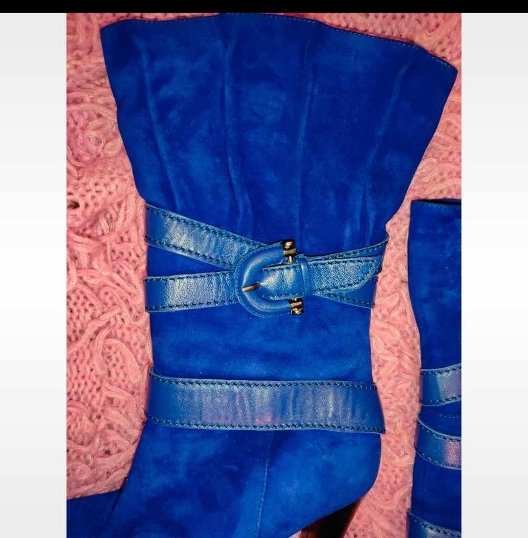 Botki kozaki damskie niebieskie na obcasie jesień buty zimowe eleganck