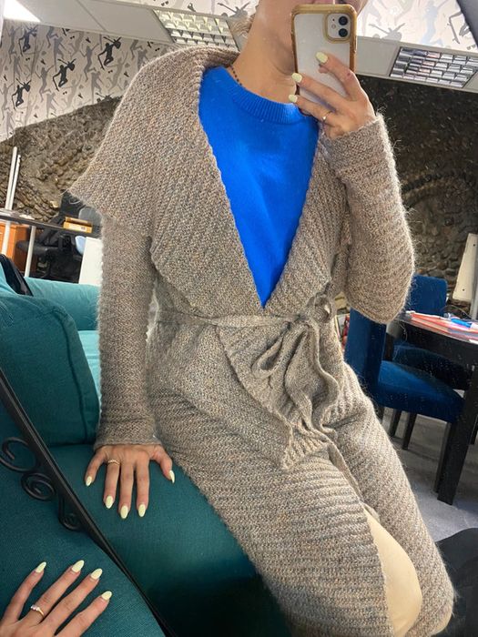 Kardigan maxi dlugi wiazany sweter z paskiem welniany welna wool moher