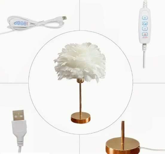 Elegancka lampa nocna stołowa z kloszem z białych piór ściemniacz