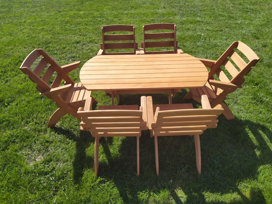 Meble ogrodowe drewniane, składane, 6 krzeseł + stół owalny X2