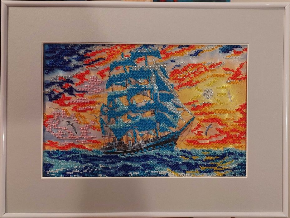 Sprzedam obraz "Żaglowiec na morzu o zachodzie słońca" haft koralikowy
