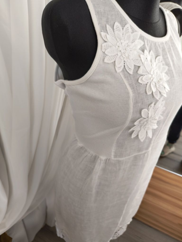 Elegancka, biała, lniana, ciążowa sukienka 46/48