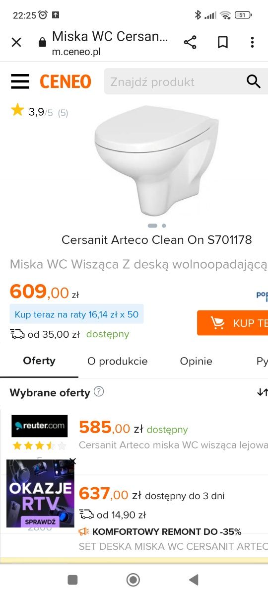 Miska wisząca super firmy Cersanit model Arteco clin on z deską duropl