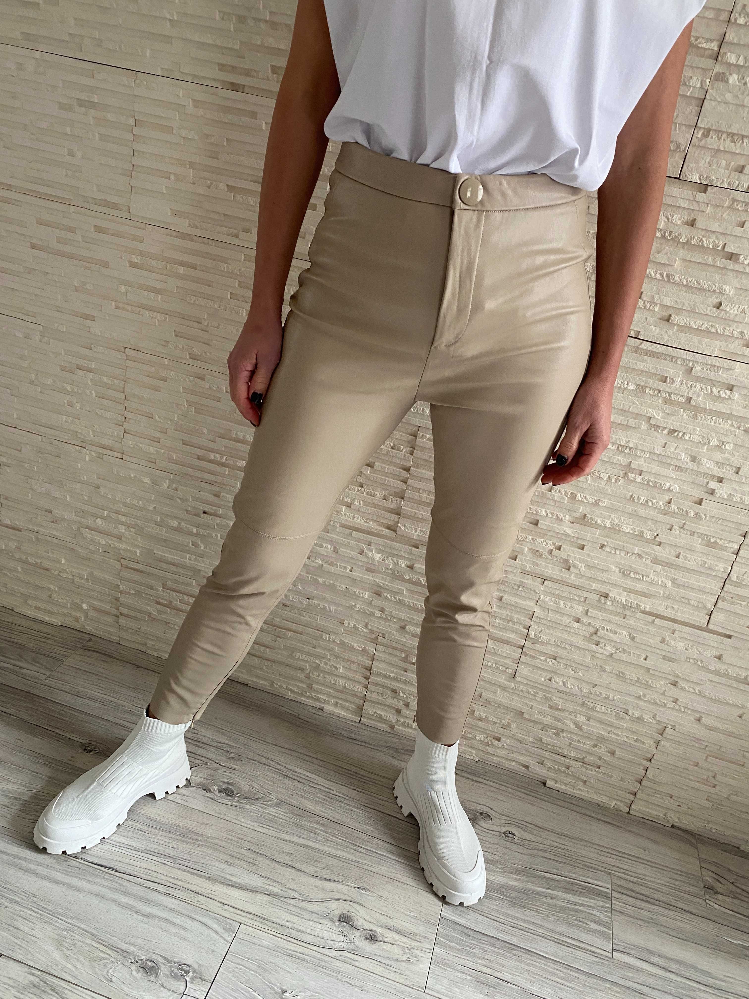 Zara nude spodnie skóra eko wyższy stan zamki M