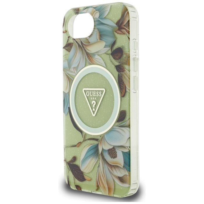 Etui GUESS IML Metal Glitter Flowers Triangle MagSafe do Iphone 16e