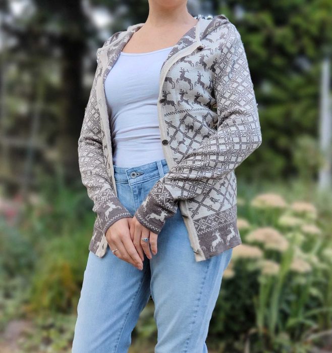 Sweter kardigan wełniany M 38 wełna beżowy wzór koty psy kotek piesek