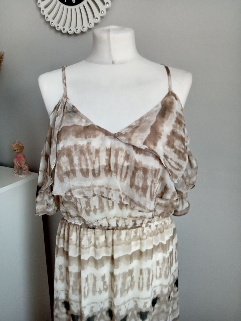 Sukienka midi maxi biało brązowa w stylu retro vintage