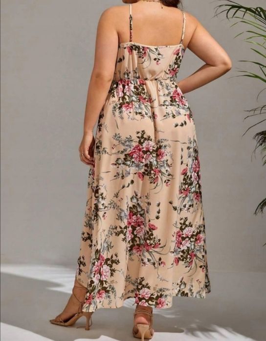 Elegancka sukienka beżowa kwiatki wesele komunia 44/46