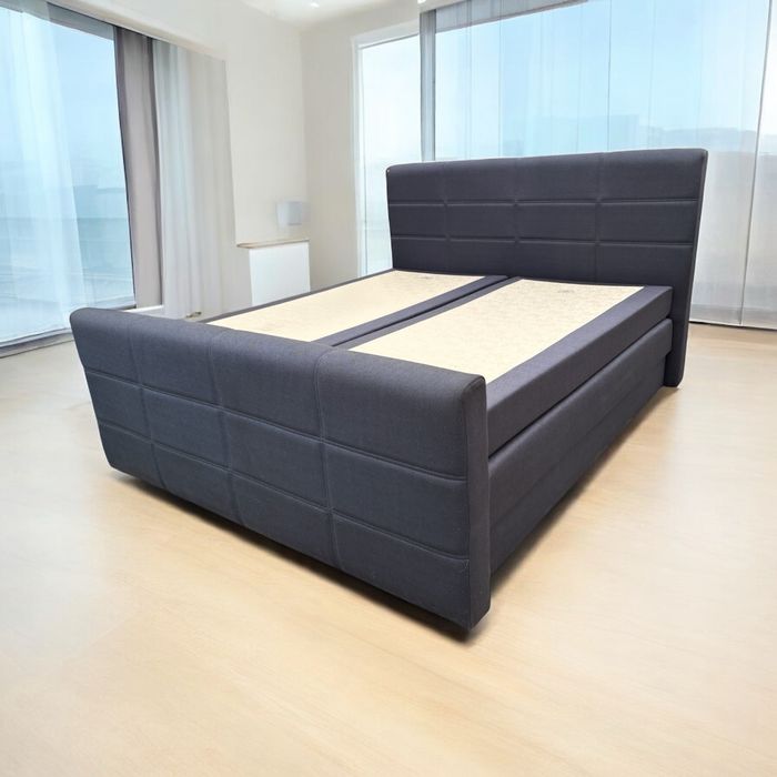 Łożko granatowe tapicerowane z pojemnikiem na pościel komplet transpor