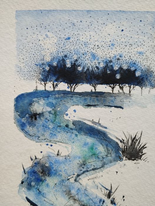 Zimowa akwarela 15×19.5 cm oryginał i jedyny egzemplarz