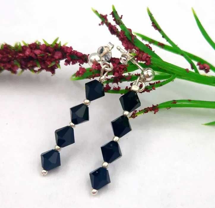 Długie SREBRNE kolczyki wiszące z czarnymi kamieniami próba 925 NOWE!