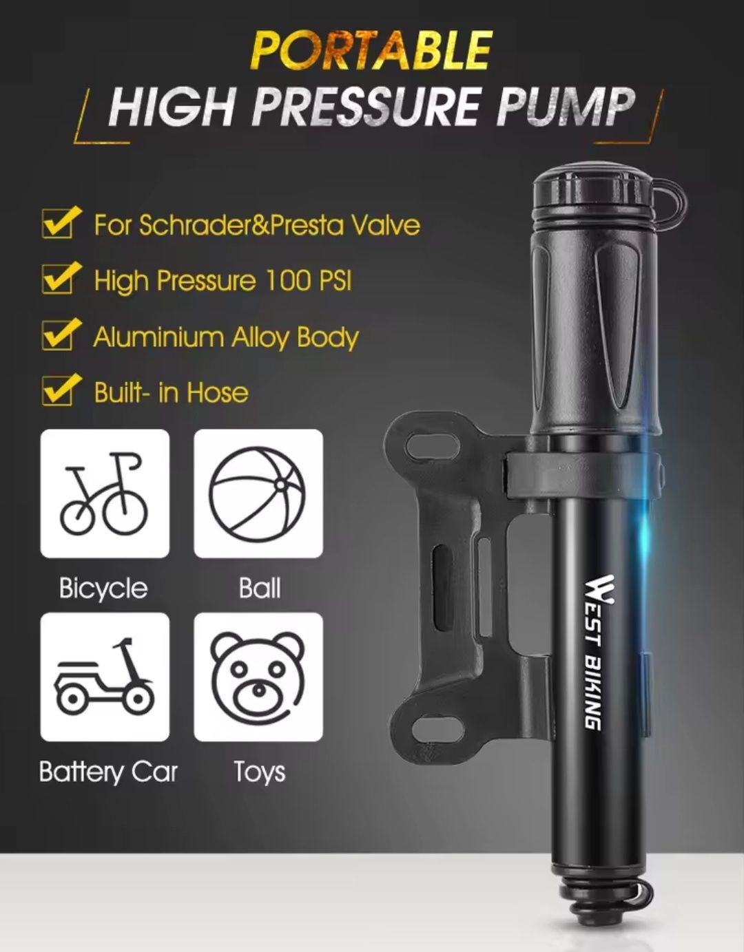 Pompka rowerowa West Biking Schrader/ Presta 100psi 17cm 80g Solidna