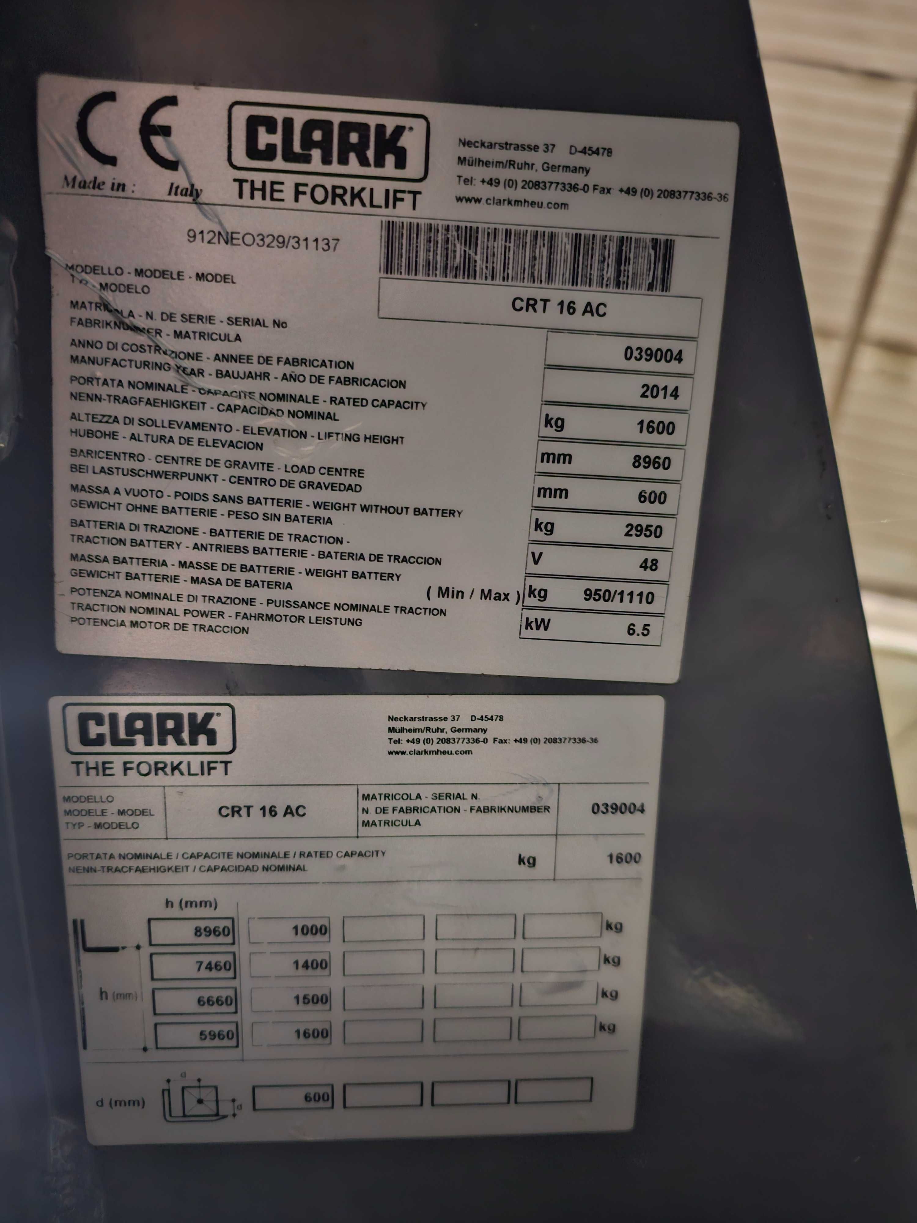 Wózek widłowy CLARK CRT16AC 2014 magazynowy 9m