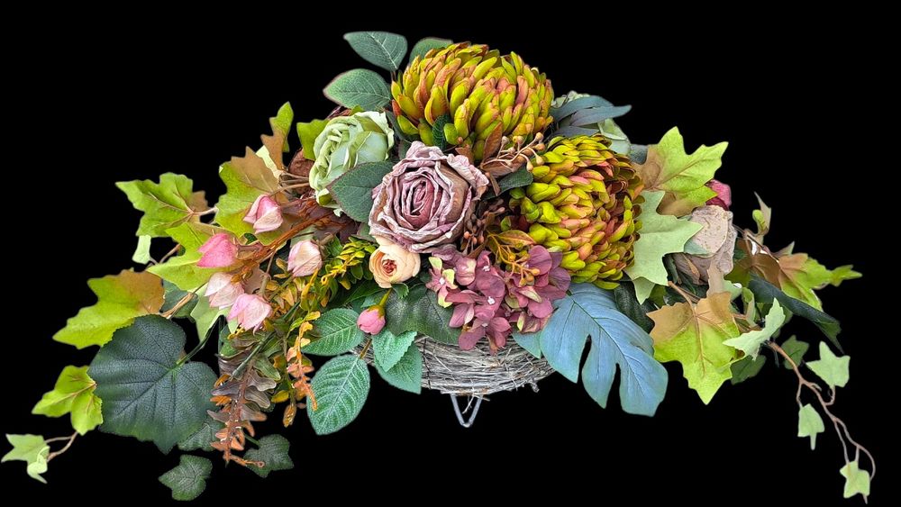 Jesienny komplet stroik wiązanka na grób cmentarz pomnik chryzantemy