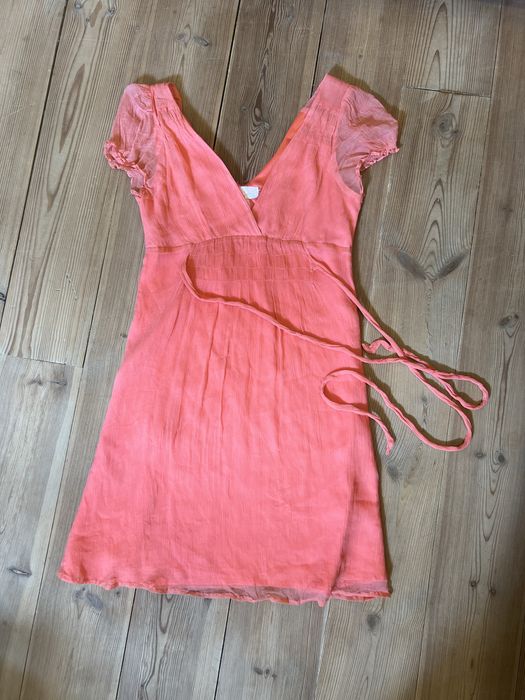 Sukienka jedwab 100% koralowa przed kolano napoleonka romantyczna