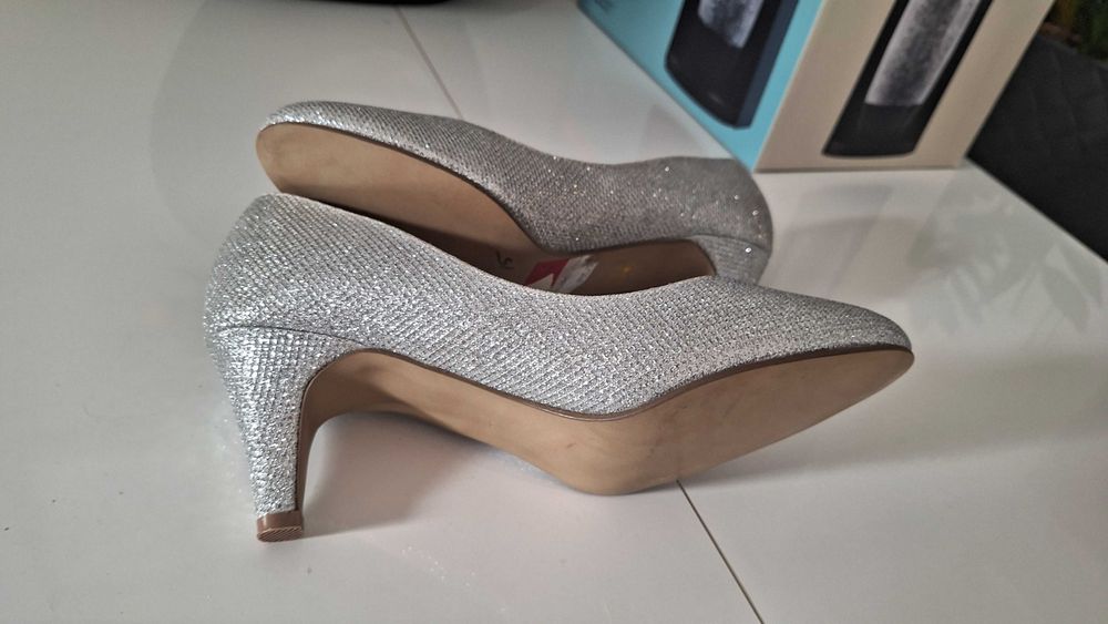 buty czółenka roz38 srebrne wkładka 24 / nowe obcas 7cm /