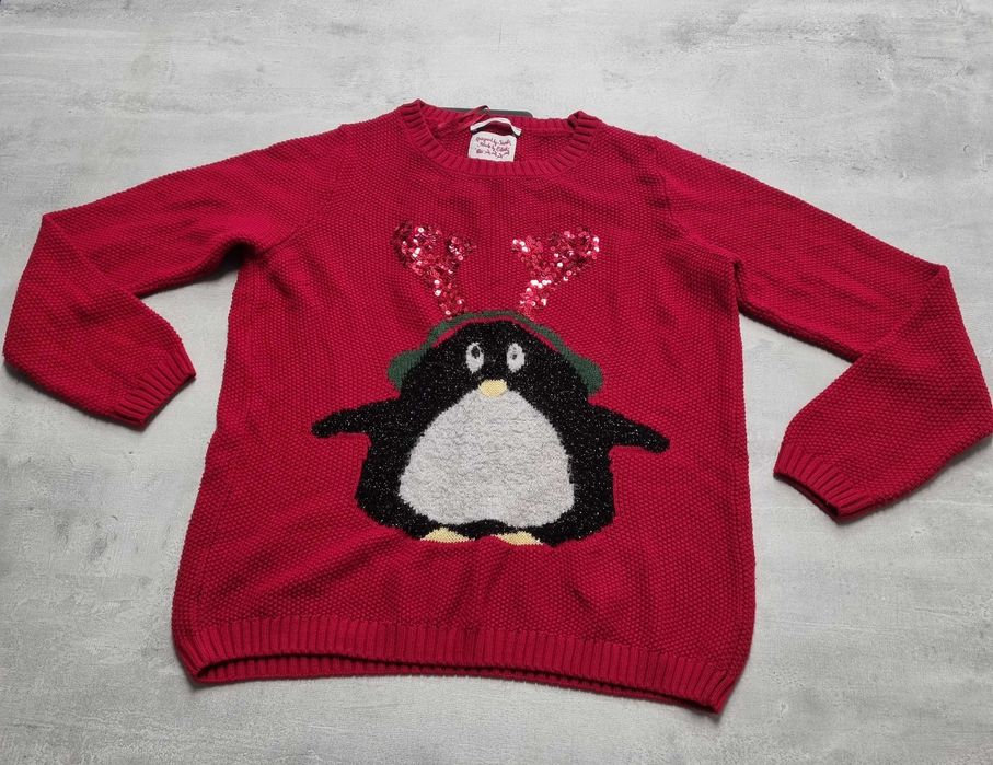 Sweter 42 XL na święta świąteczny zimowy czerwony pingwin damski