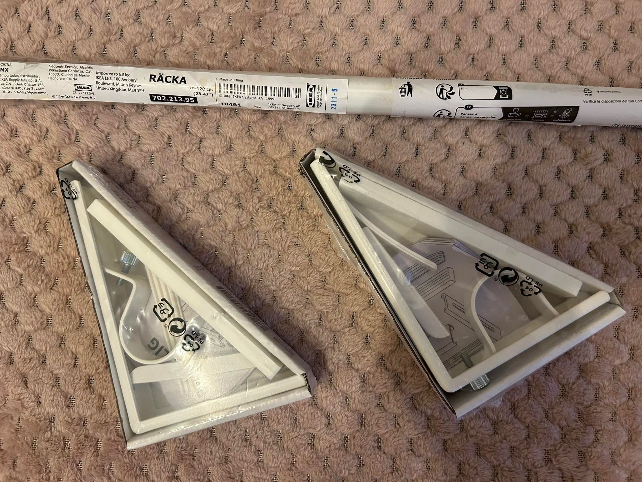 Biały karnisz IKEA Racka + dwa wsporniki ścienne/sufitowe