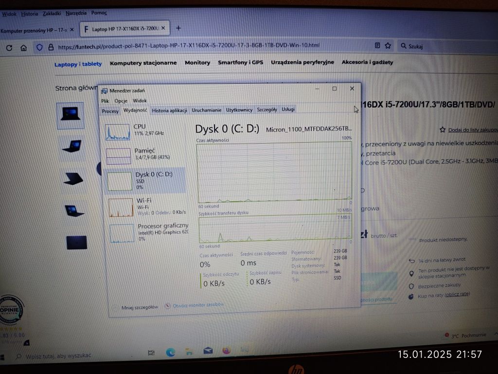 Laptop HP - 17X116DX I5-7200 SSD 256gb Bardzo dobry stan