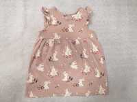 Elegancka beżowa sukienka w króliki króliczki falbanki H&M 74 jak nowa