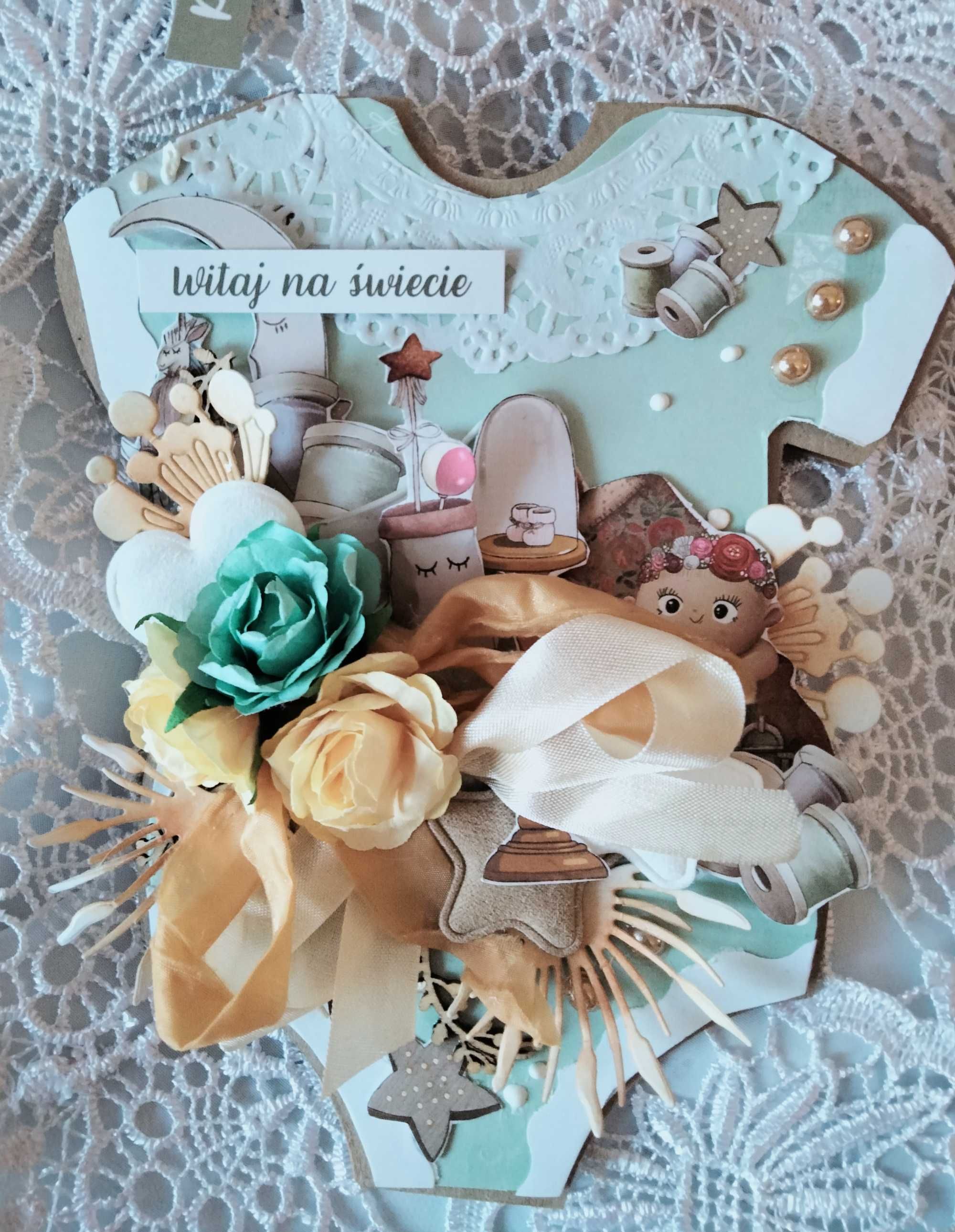 Kartka na Chrzest Roczek Narodziny handmade bodziak dowolny napis