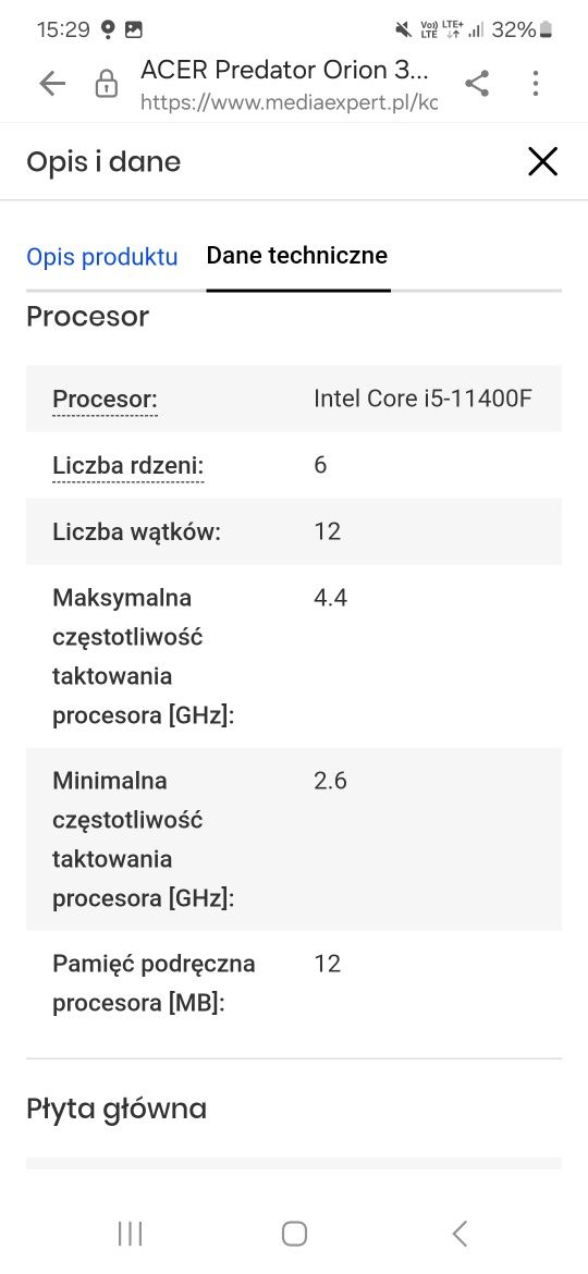 Komputer ACER Predator Orion 3000 PO3-630 i5-11400F 16GB RAM 512GB SSD