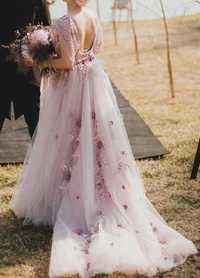 suknia ślubna ksieżniczka piękna oryginalna xs hs-dress różowa tren