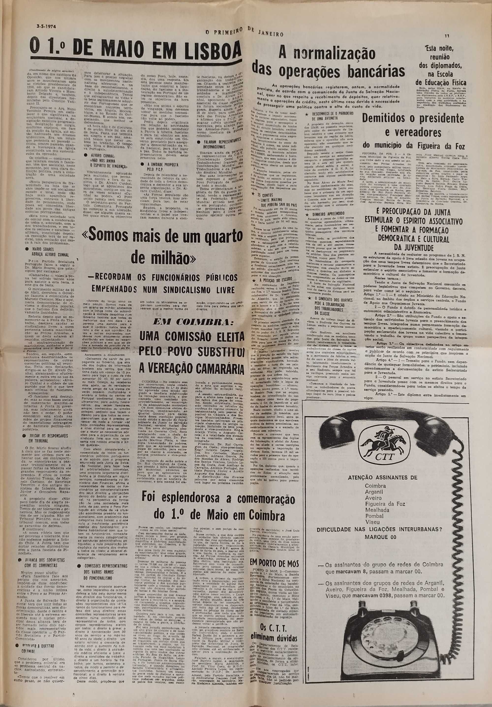 Jornal "O Primeiro de Janeiro" de 3 Maio 1974- após a revolução