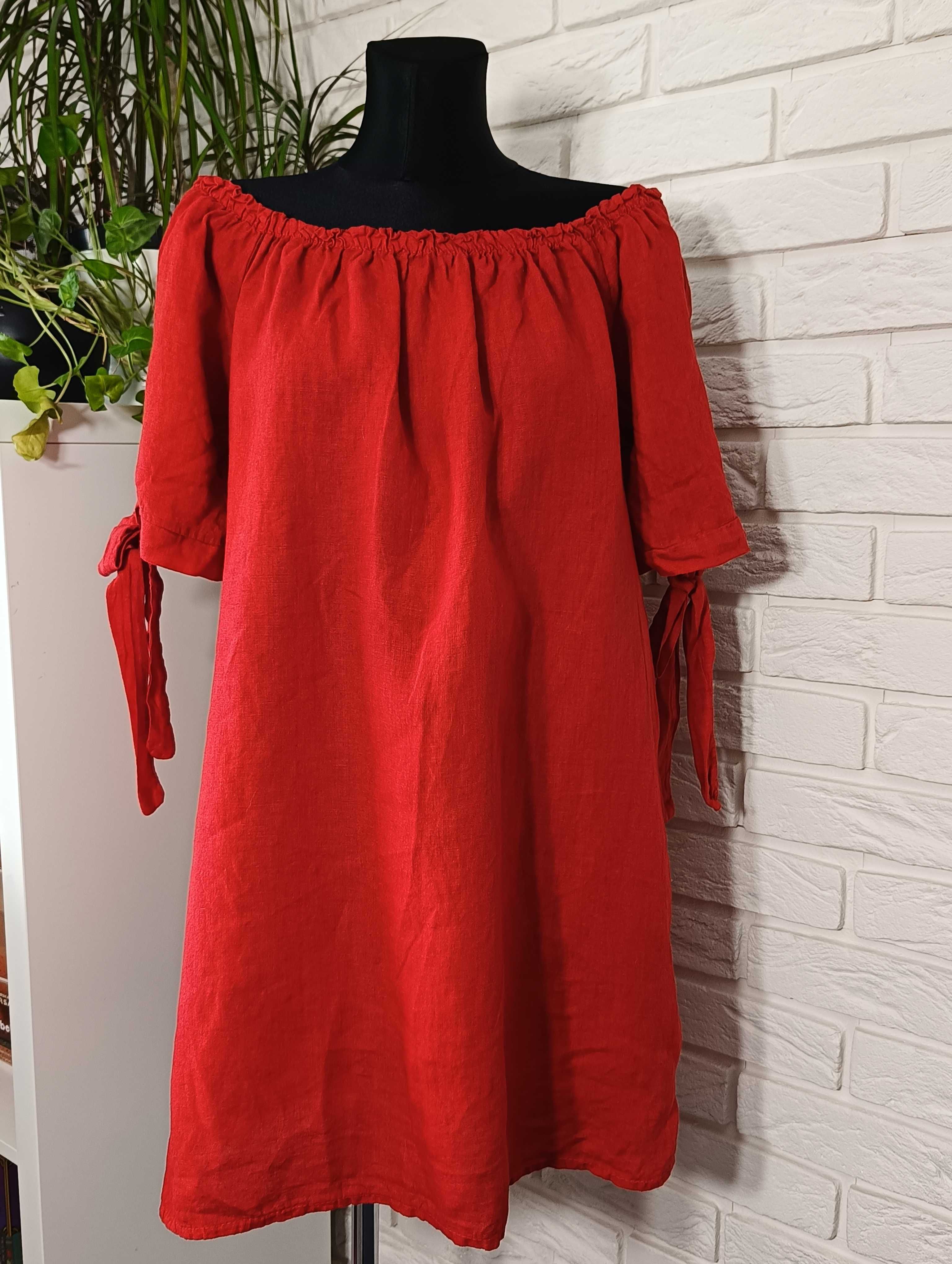 Made in Italy czerwona lniana sukienka hiszpanka 100% len jak nowa 38