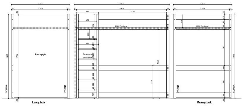 Łóżko na antresoli pietrowe NizioHome czarne
