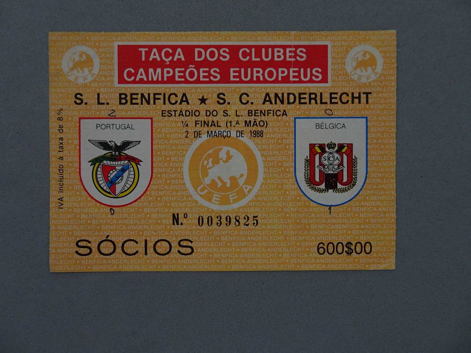 Bilhete futebol Benfica Anderlecht Taça Clubes Campeões Europeus 1988