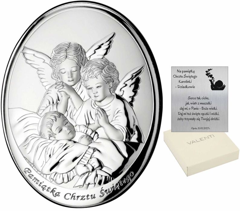 Srebrny Obrazek Na Chrzest Aniołek Pamiątka Chrztu Anioł Stróż