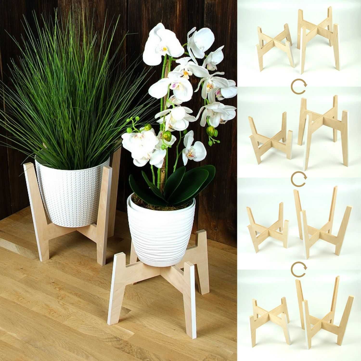 Drewniany stojak na rośliny / kwietnik z białymi krawędziami - zestaw.