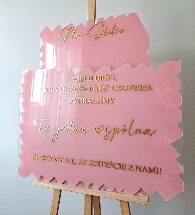 Tablica ślubna Plan stołów powitalna Z wielu dróg pleksi złoty napis