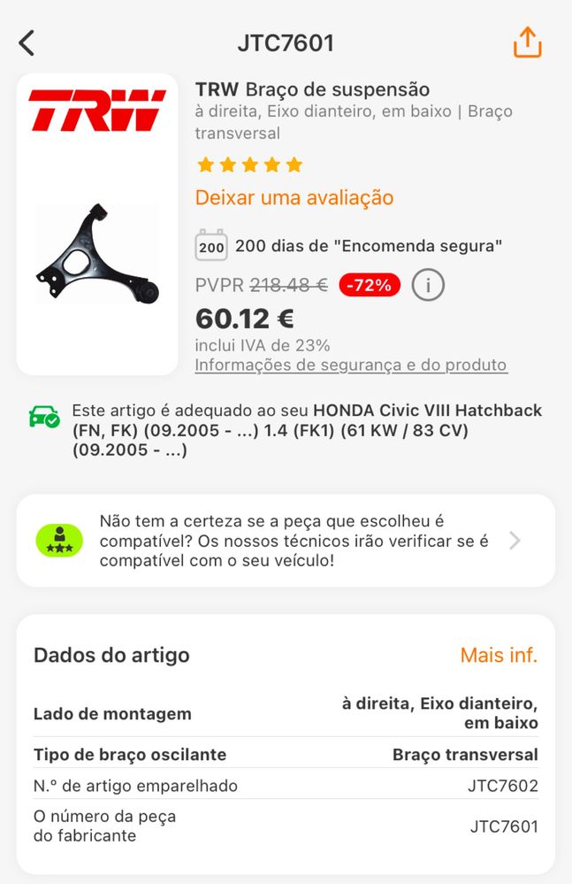 Conjunto de braços de suspensão Honda Civic