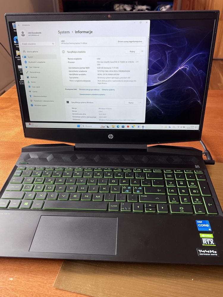 Laptop do gier!!! HP Pavilion GAMING 15-DK2412NO 15,6" GeForceRTX 3050