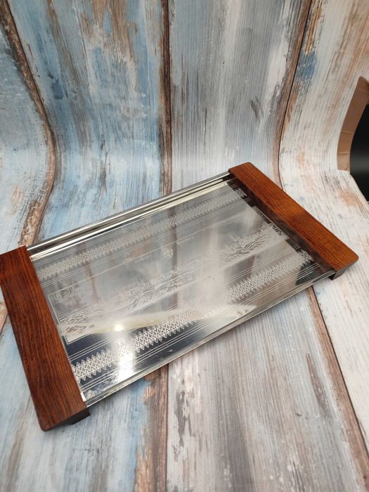 Taca do serwowania  stal nierdzewna + Drewno - z obrazem - Design 2738