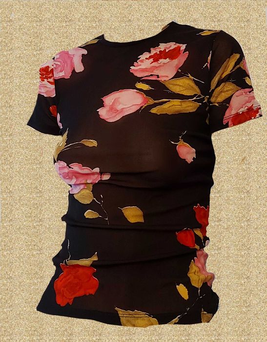 XS S transparentna bluzka czarna siateczka w kwiaty tattoo goth rock