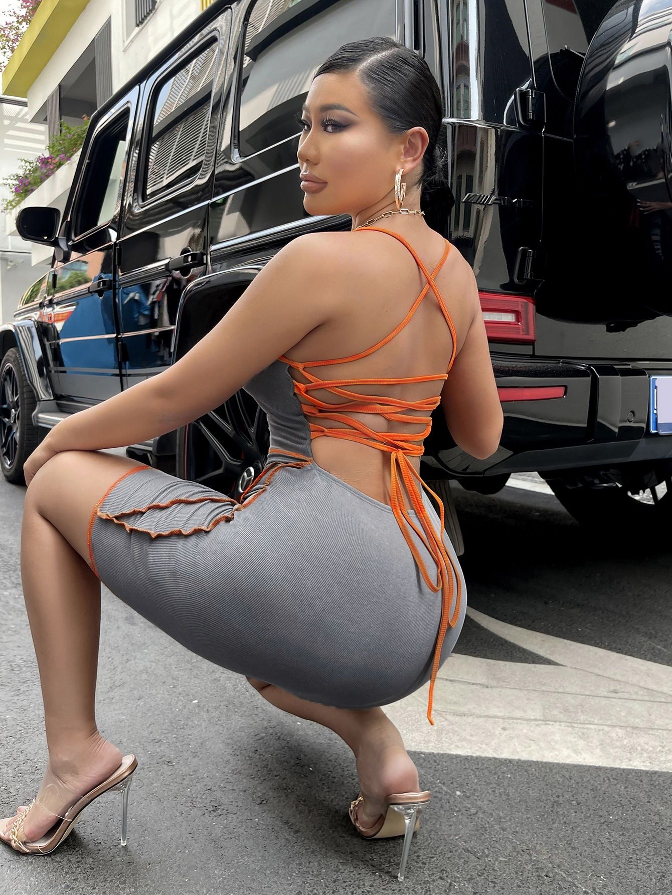Sukienka Sexy Prążkowana Mini Z Kontrastującym Szwem Ołówkowa Shein M