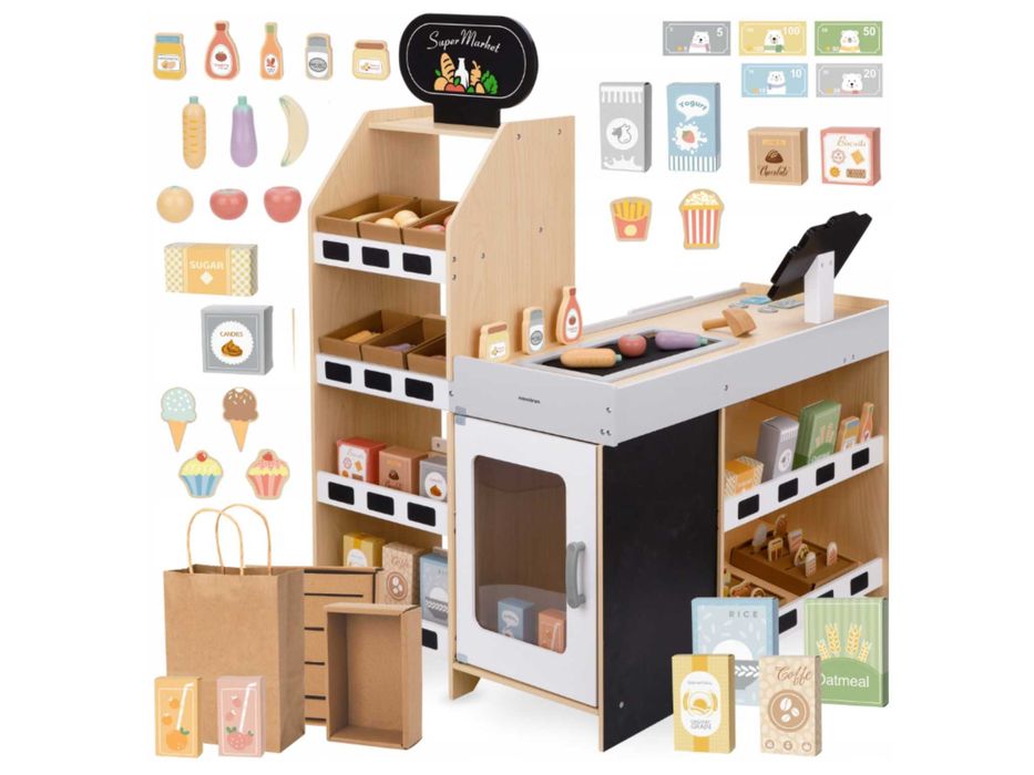 Drewniany Sklep XXL Dla Dzieci Warzywniak Stragan Z Kasą - WYPRZEDAŻ