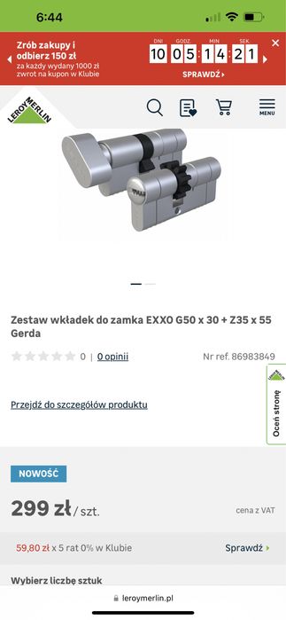 Zestaw wkładek do zamka EXXO G50 x 30 + Z35 x 55 Gerda