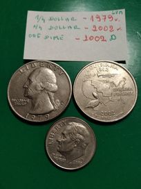 Monety USA , 1/4 Dollar 1979 , 2002 , one Dime 2002 D .