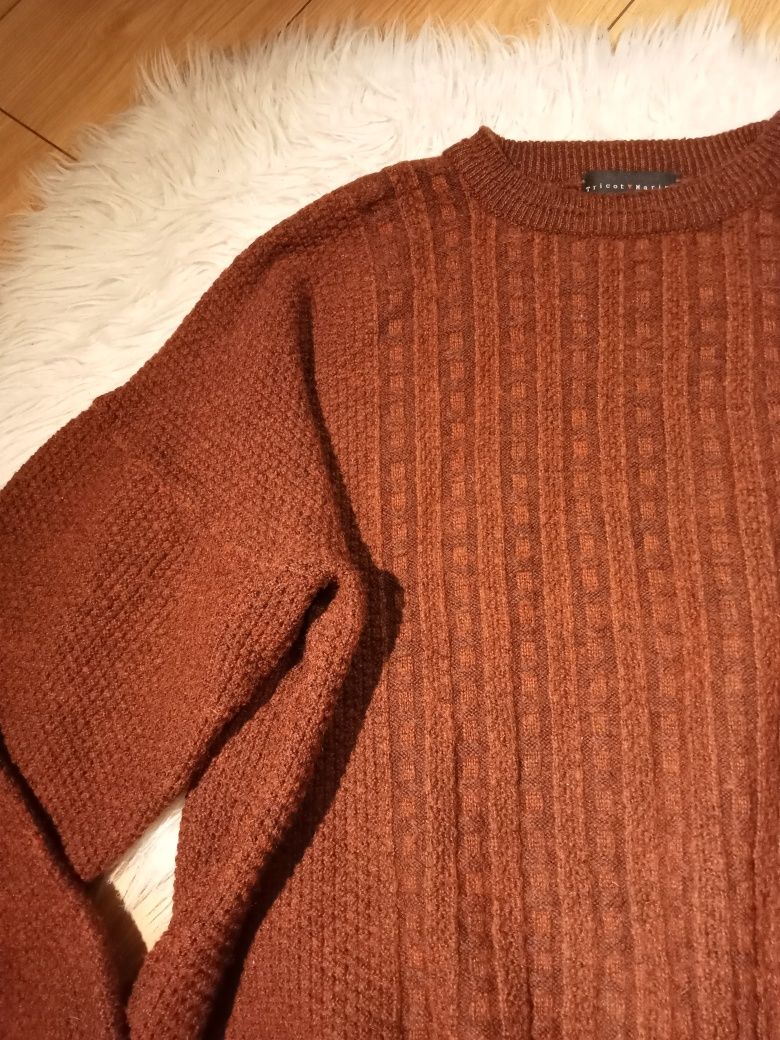 Sweter wełniany 50% wełna pleciony warkocze XL