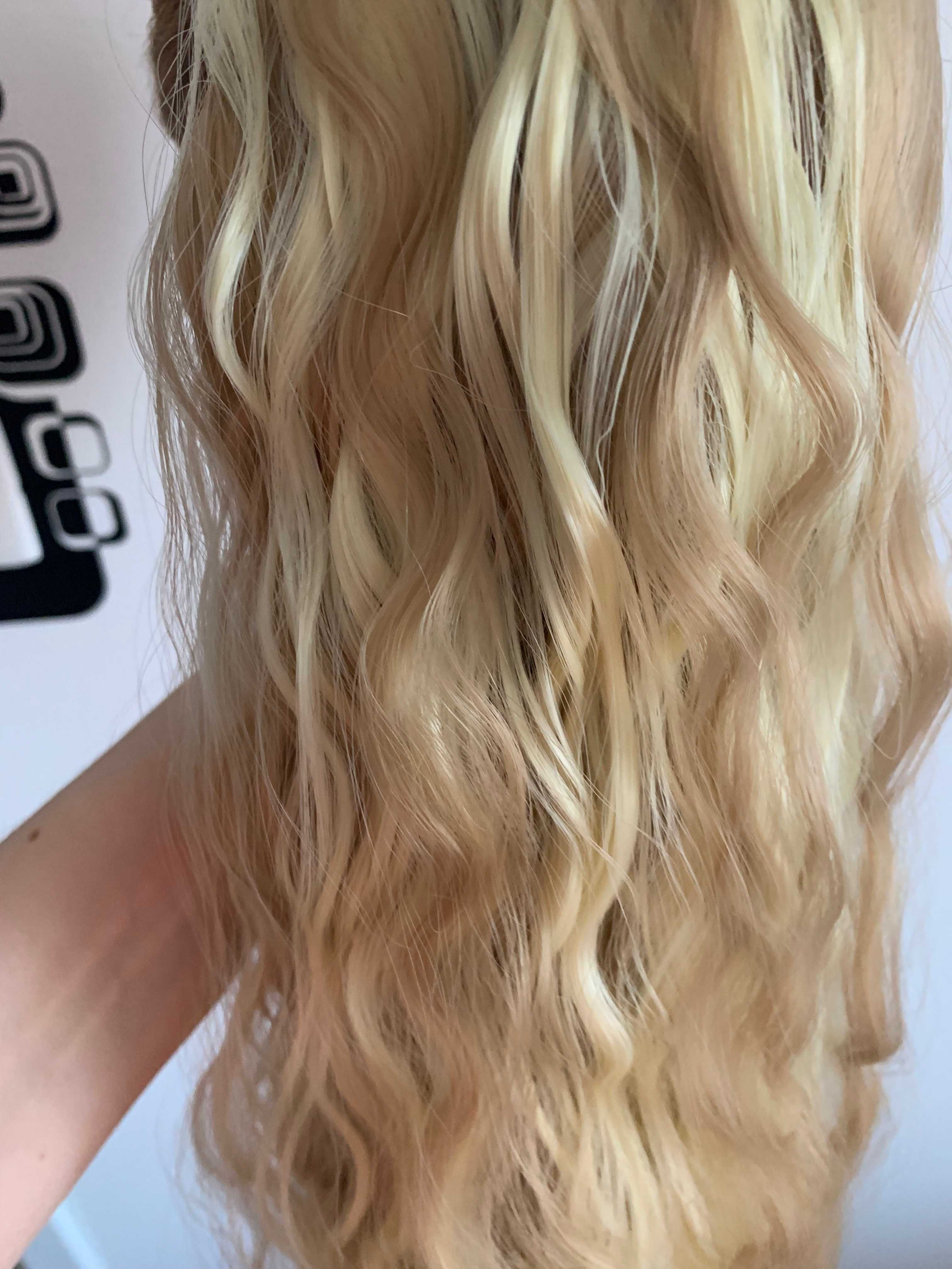 Doczepiany kucyk mix ciemny i jasny blond pasemka falowany długi 60 cm