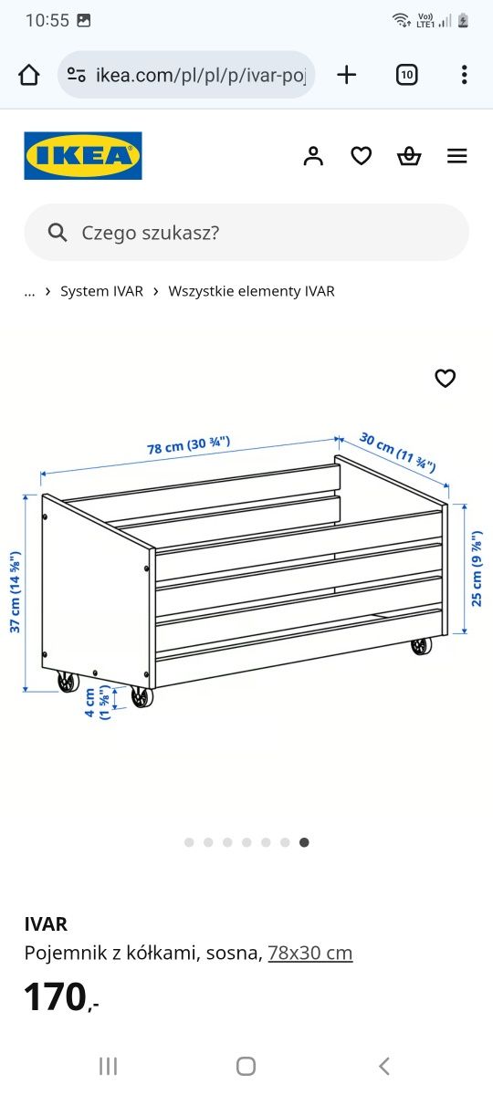 Ivar IKEA Regał, sosna, 89x30x179 cm +
Pojemnik z kółkami, so