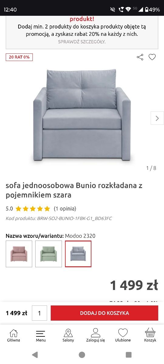 sofa jednoosobowa Bunio rozkładana z pojemnikiem szara