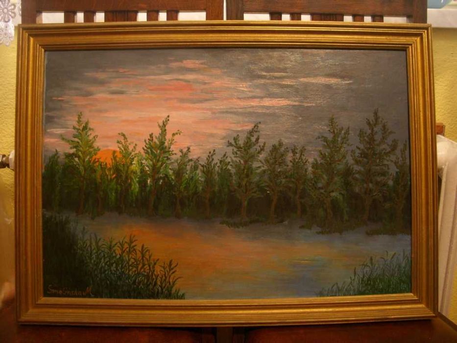 Obraz ręcznie malowany -torfowisko las drzewa staw bagno zachód słońca